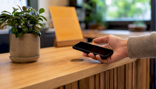 Eine Hand hält ein Smartphone und hält es zum kontaktlosen Bezahlen an ein NFC-Feld auf dem Tresen.