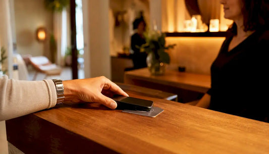 Eine Hand hält ein Smartphone und tippt es auf eine NFC-Karte.