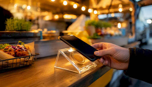 Eine Hand hält ein Smartphone und hält es zum Bezahlen an ein NFC-Feld auf der Ladentheke.