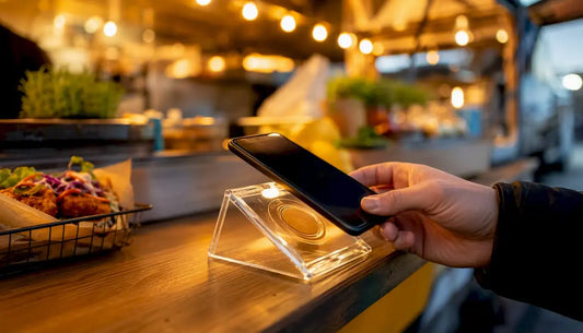 Eine Hand hält ein Smartphone und hält es zum Bezahlen an ein NFC-Feld auf der Ladentheke.