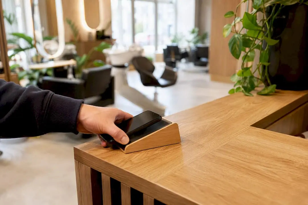 Hand tippt mit dem Smartphone auf eine NFC-Karte