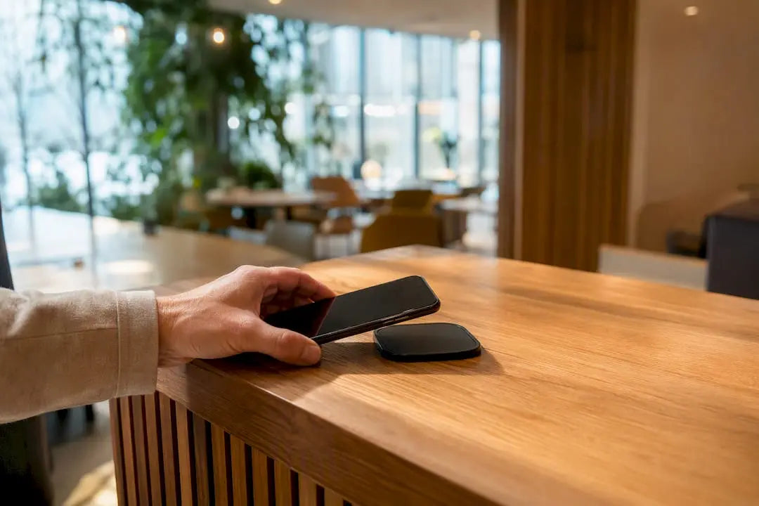 Hand tippt mit iPhone auf NFC-Tag im Geschäft