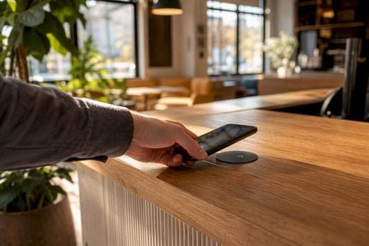 Hand tippt mit Smartphone auf NFC-Tag am Tresen