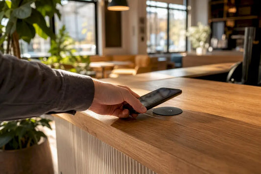 Hand tippt mit Smartphone auf NFC-Tag am Tresen