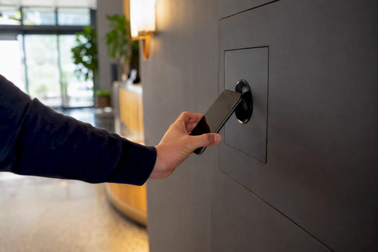 Hand tippt Smartphone auf NFC-Tag