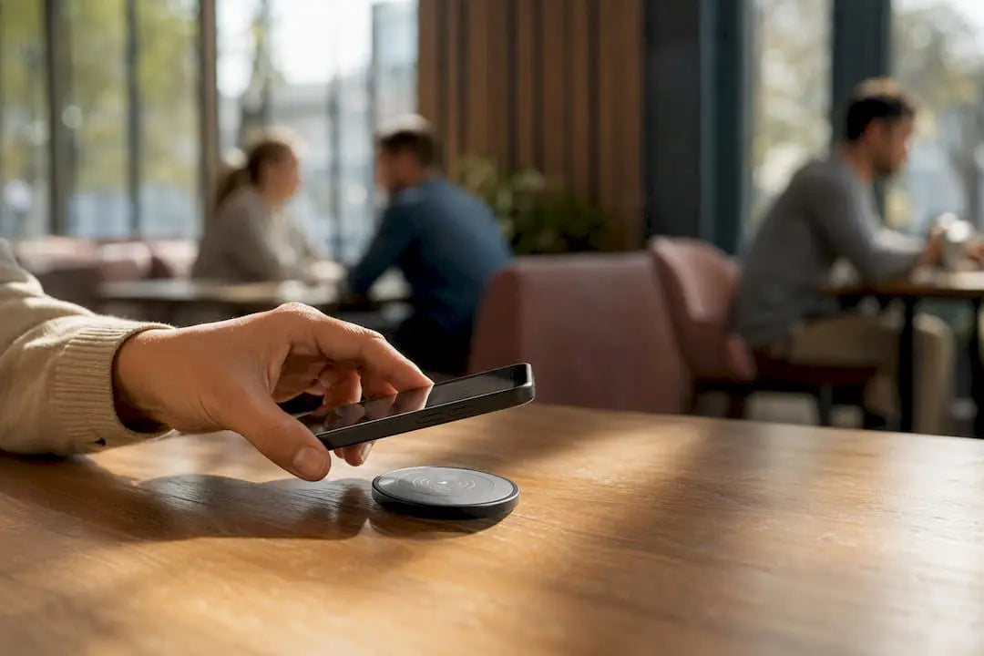 Hand tippt Smartphone auf NFC-Tag