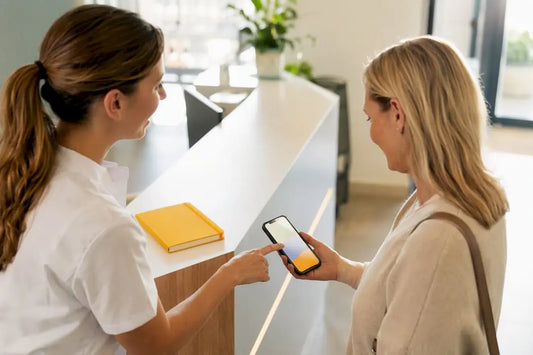 Patientin erhält in der Praxis eine persönliche Bitte um Bewertung