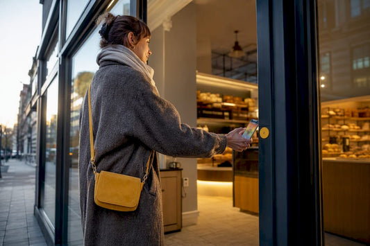 NFC-Aufkleber an der Eingangstür eines Unternehmens