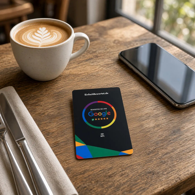 GOOGLE BEWERTUNGSKARTE (NFC) inkl. Logo & QR-Code Option Einfachbewertet