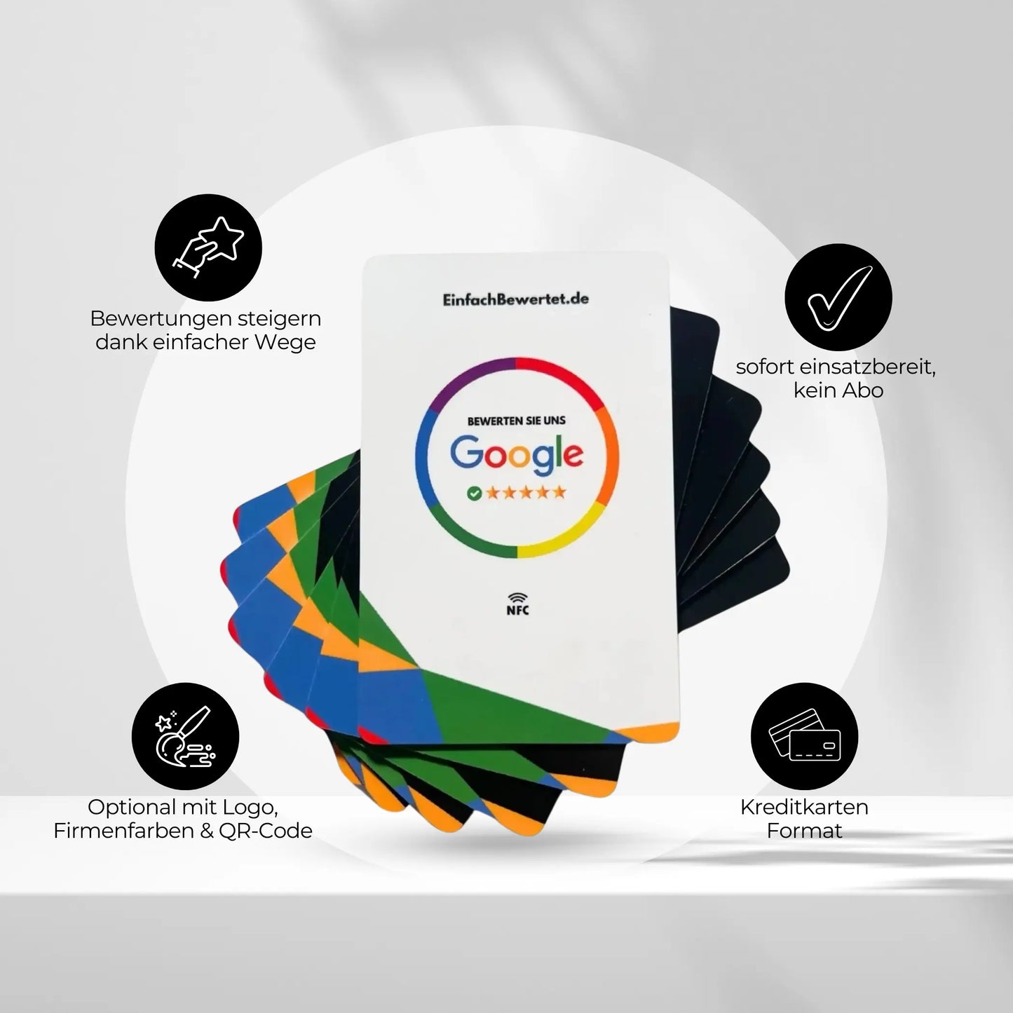 GOOGLE BEWERTUNGSKARTE (NFC) inkl. Logo & QR-Code Option Einfachbewertet