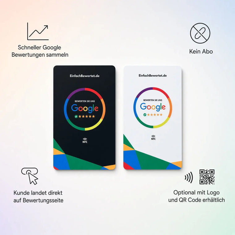 GOOGLE BEWERTUNGSKARTE (NFC) inkl. Logo & QR-Code Option Einfachbewertet
