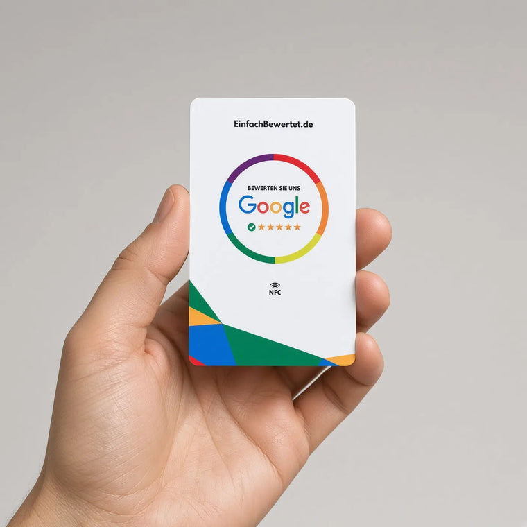 GOOGLE BEWERTUNGSKARTE (NFC) inkl. Logo & QR-Code Option Einfachbewertet