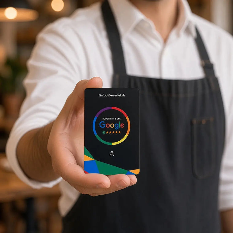 GOOGLE BEWERTUNGSKARTE (NFC) inkl. Logo & QR-Code Option Einfachbewertet