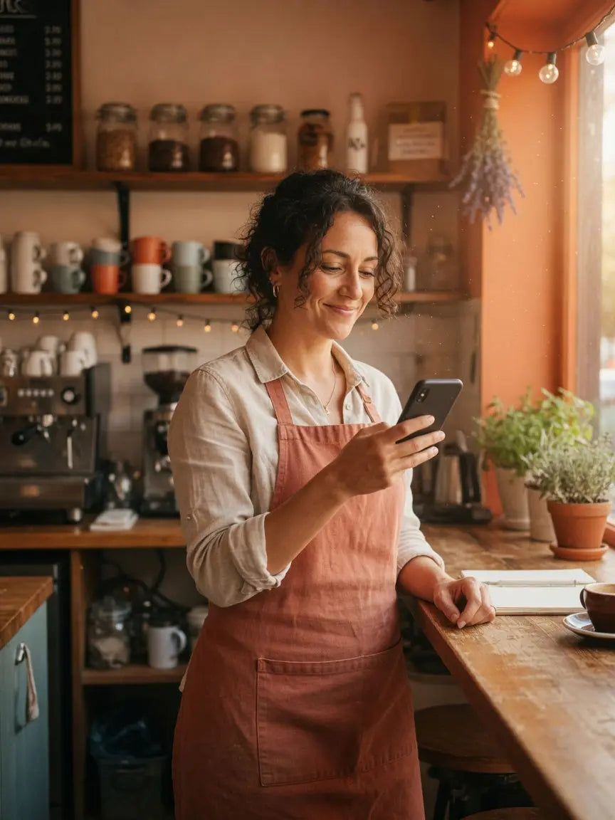 Unternehmerin nutzt die Löschanleitung am Handy